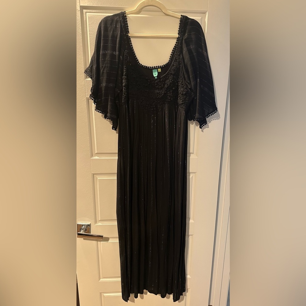 Farm Rio size small black crochet metallic striped maxi dress
